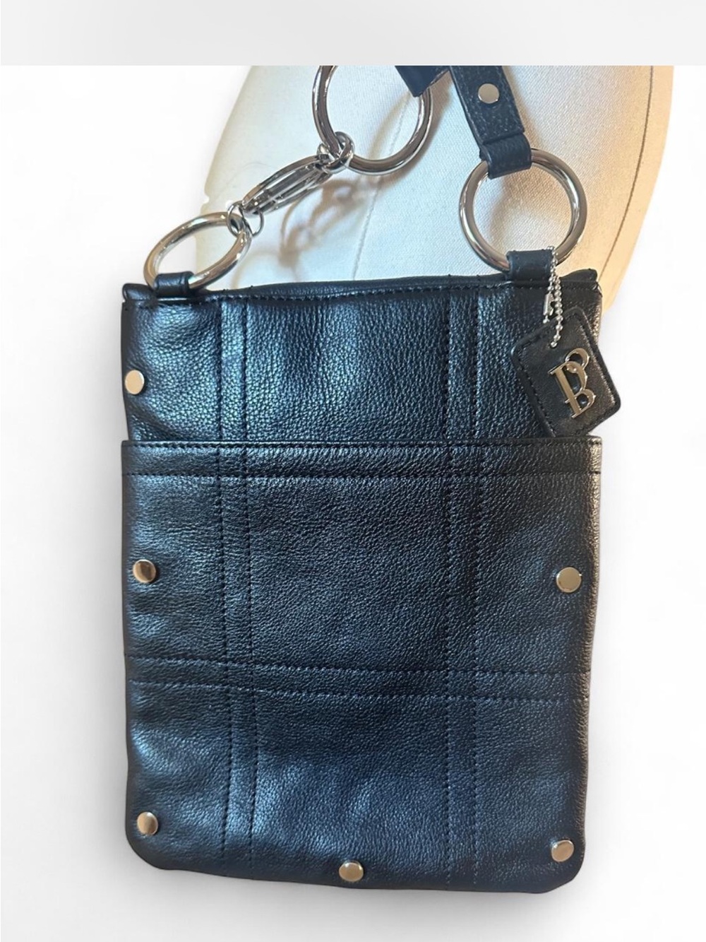 Bolzano Black Soft Leather Crossbody Bag Silver Hardware Studded Y2K - Picture 6 of 14